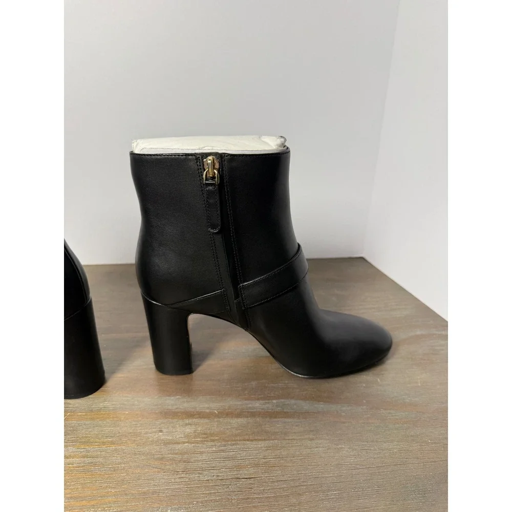 Kate‎ Spade Dakota Leather Zip-Up Booties Block Heel Logo Strap Black 8.5 New